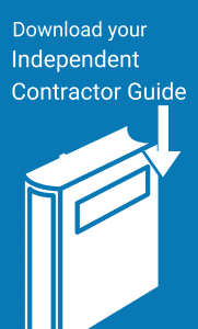 White and blue clip art with a Book. Arrow points to book. Title is "Download your independent contractor guide. 